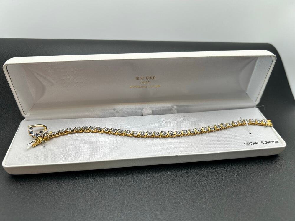 White Sapphire Bracelet 18k Gold over Sterling Silver Heart Pendant 7.5"